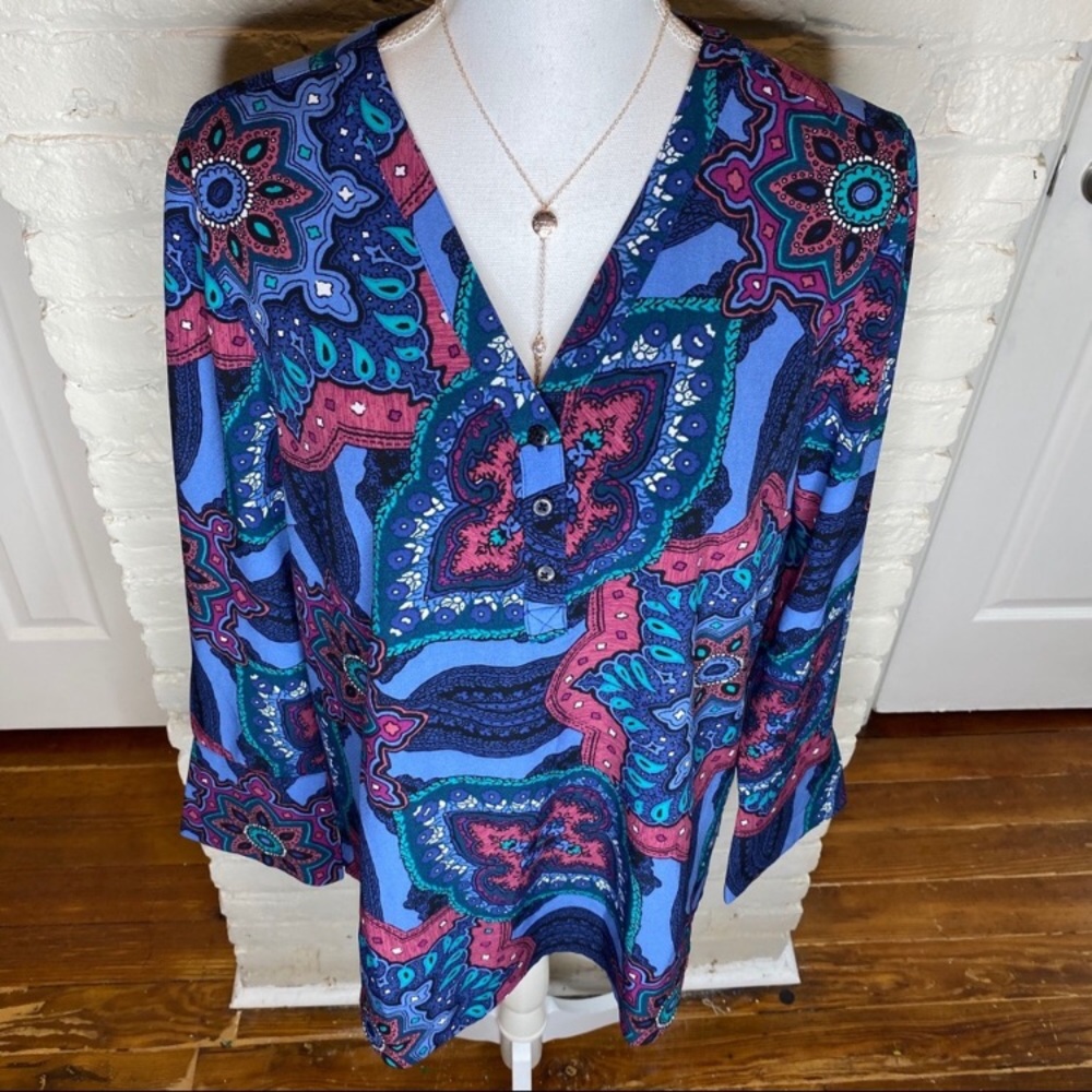 Denim & Co Blue Floral Long Sleeve Blouse M —#011 - Picture 4 of 7